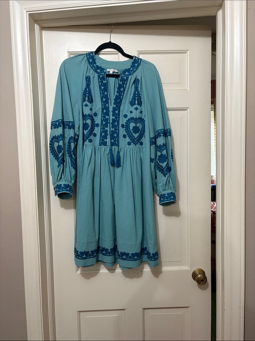 Tyler Boe Teal Embroidered Long-Sleeve Peasant Dress